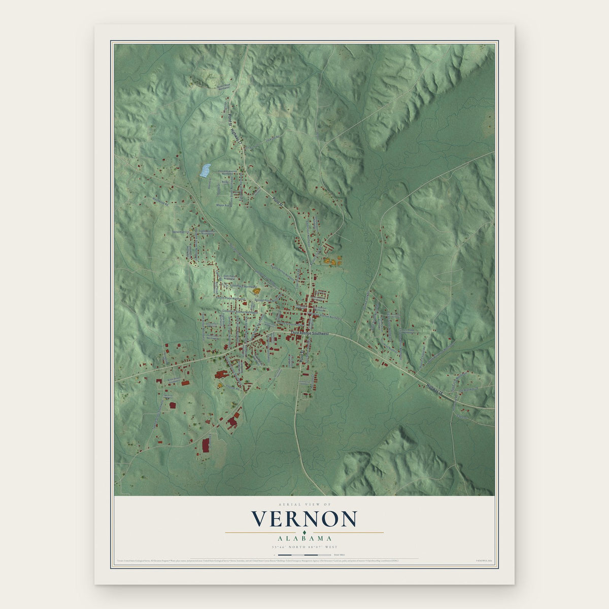 Vernon, Alabama map print, the full design