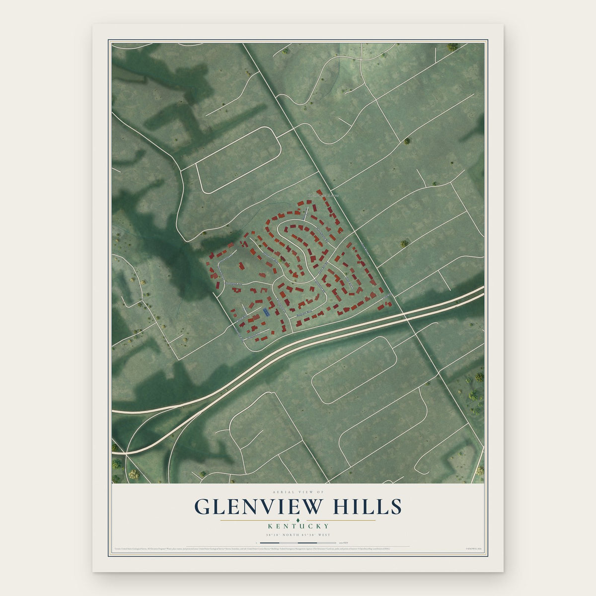Glenview Hills, Kentucky map print, the full design