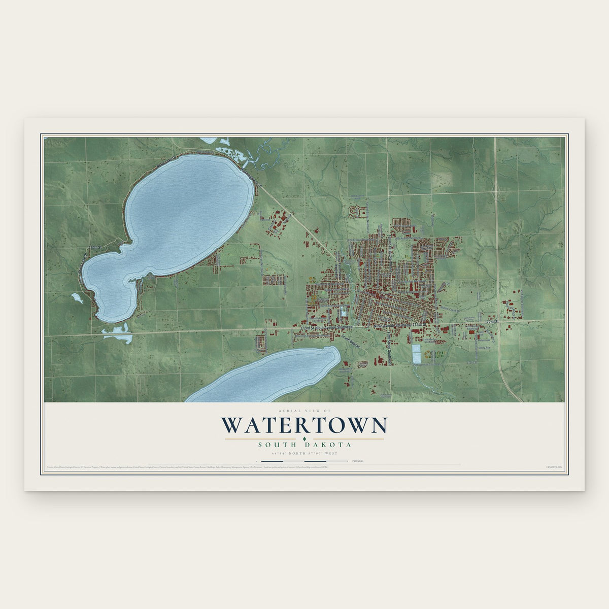 Watertown, South Dakota map print, the full design