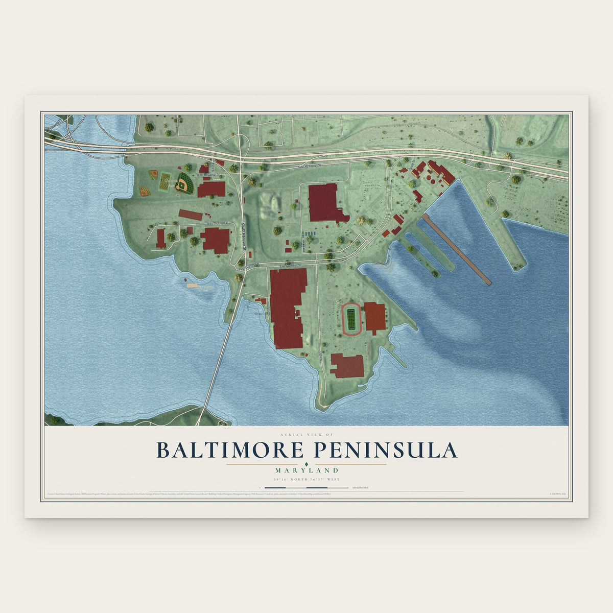 Baltimore Peninsula, Maryland map print, the full design