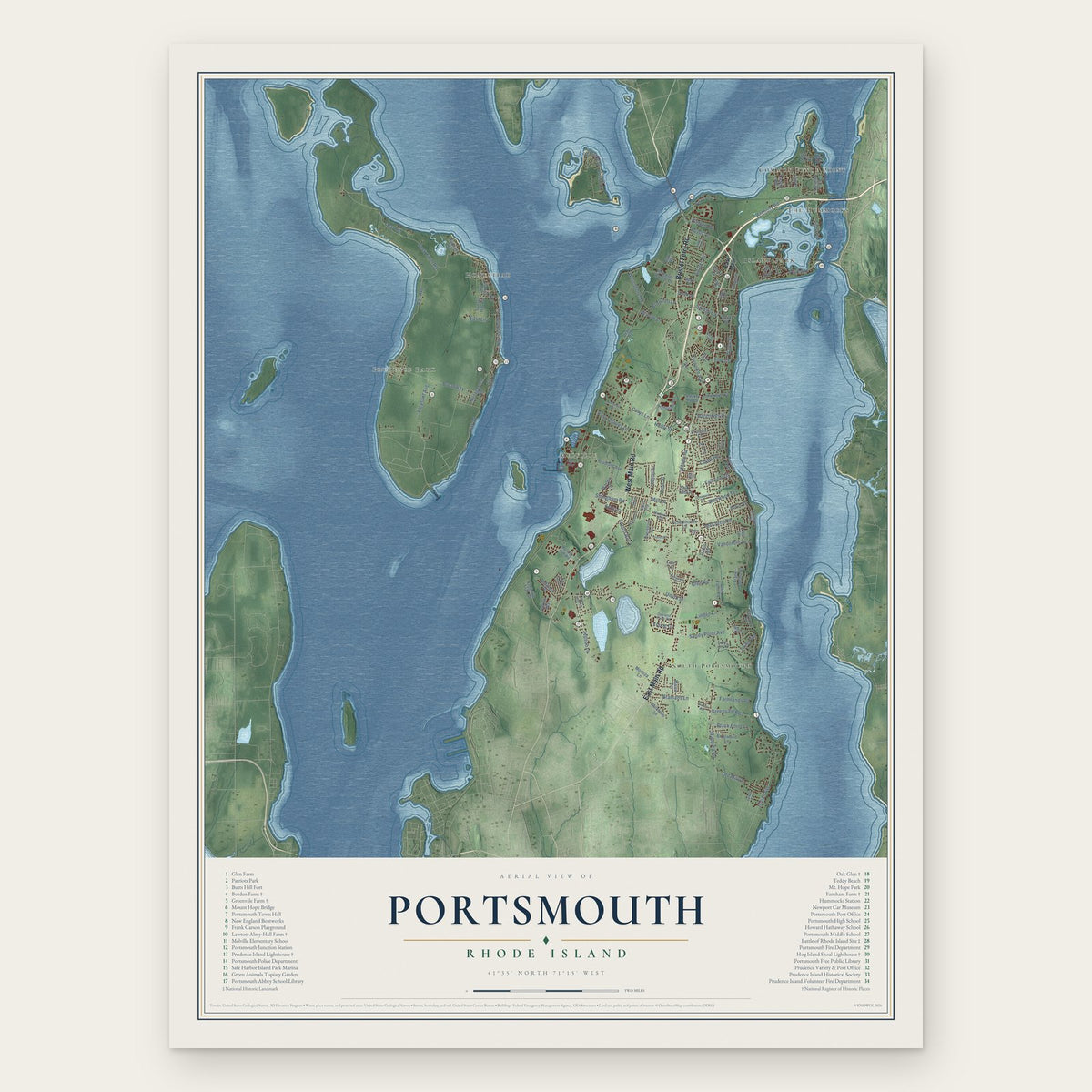 Portsmouth, Rhode Island map print, the full design