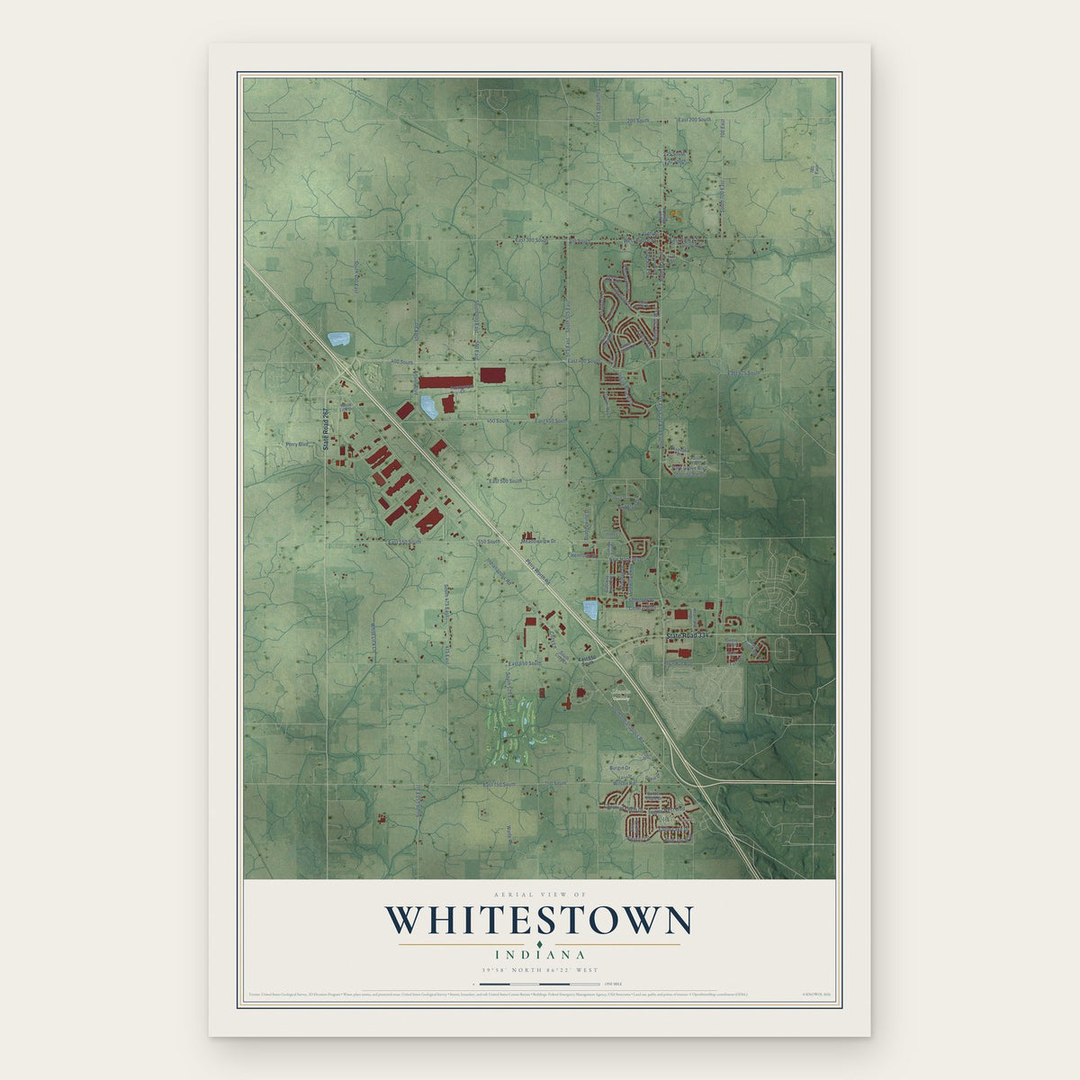 Whitestown, Indiana map print, the full design