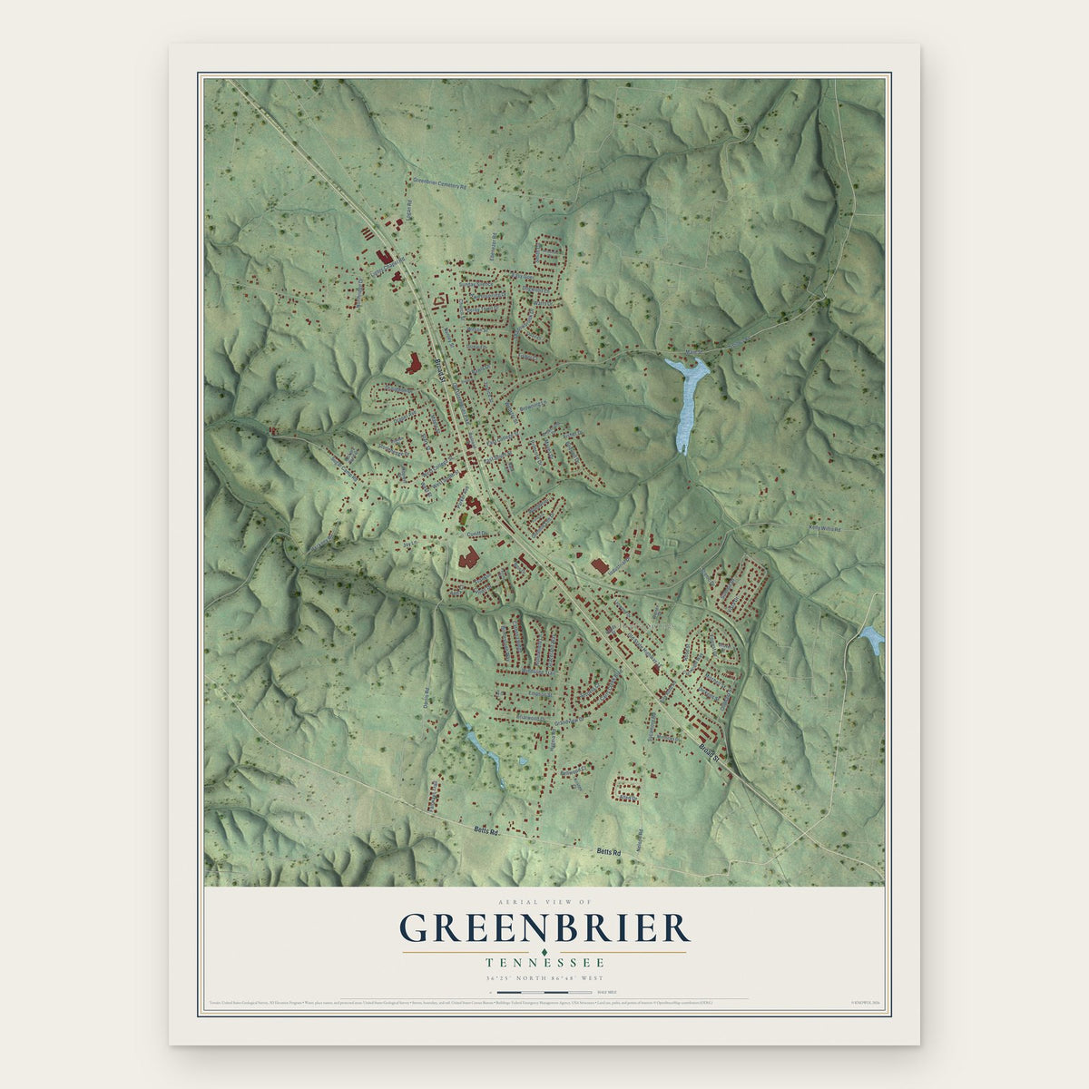 Greenbrier, Tennessee map print, the full design