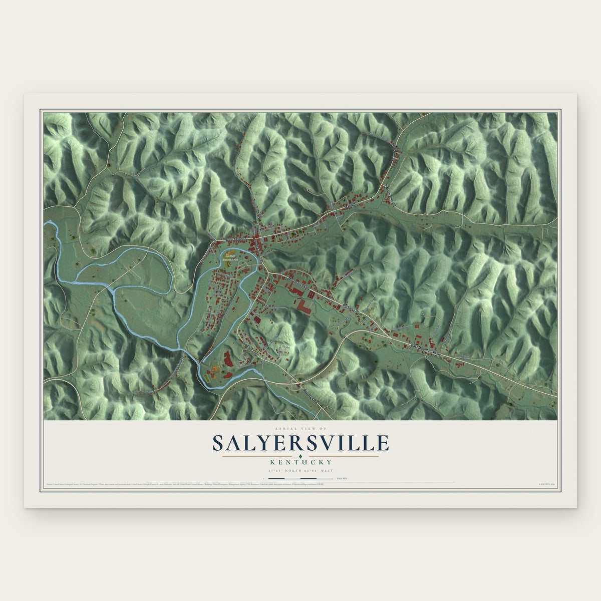 Salyersville, Kentucky map print, the full design