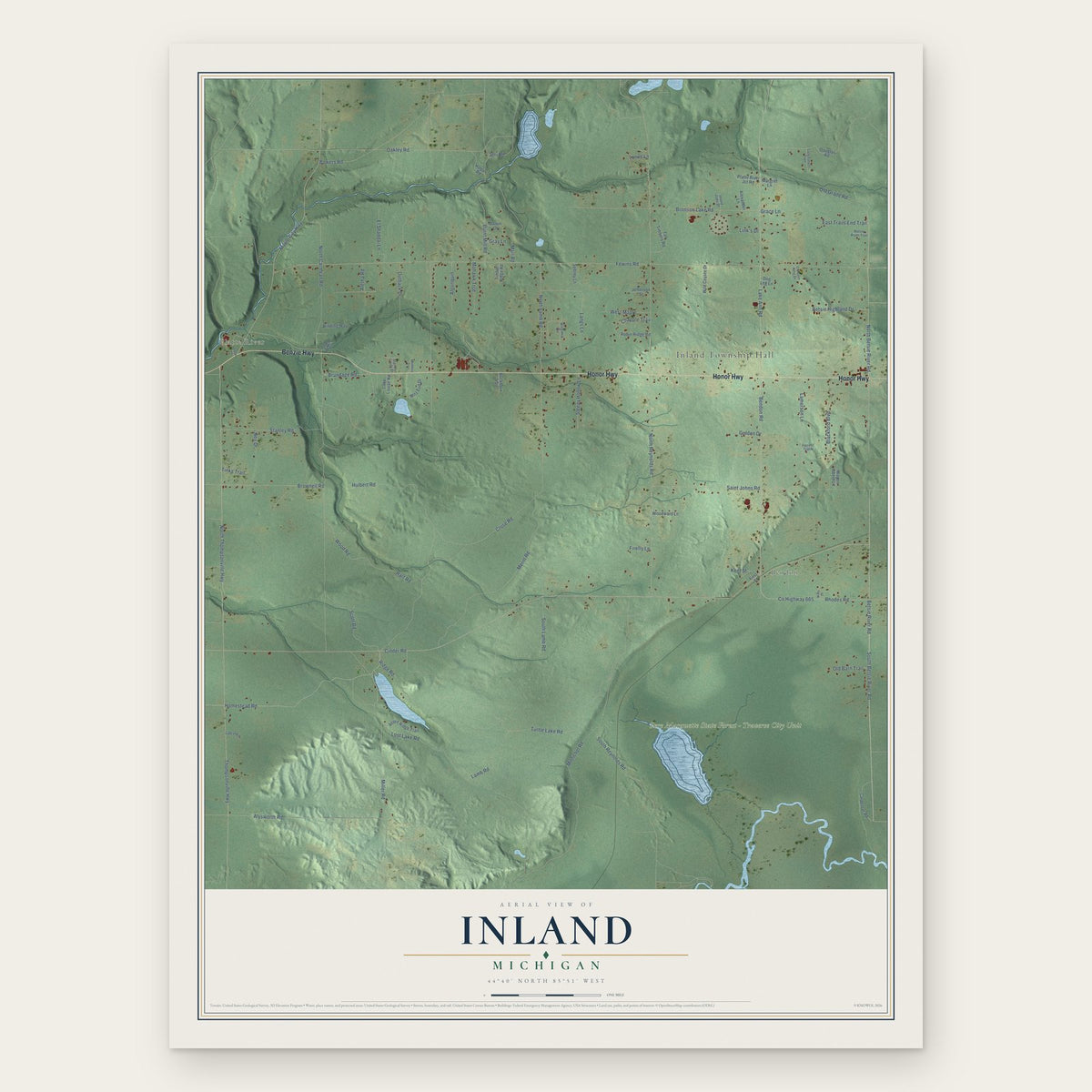 Inland, Michigan map print, the full design
