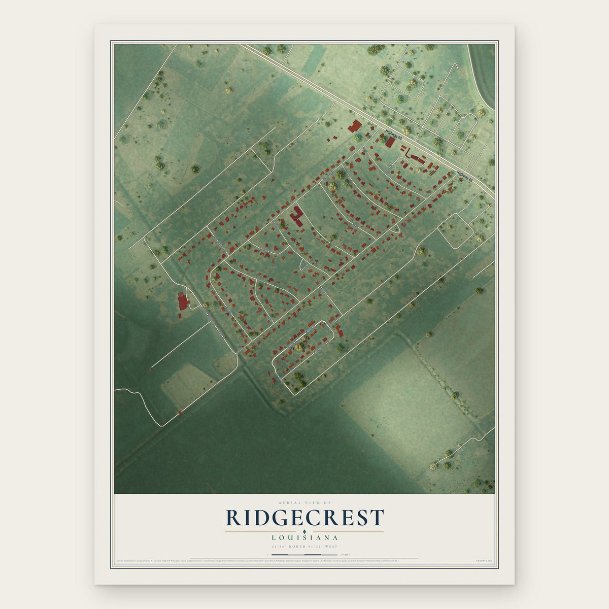 Ridgecrest, Louisiana map print, the full design