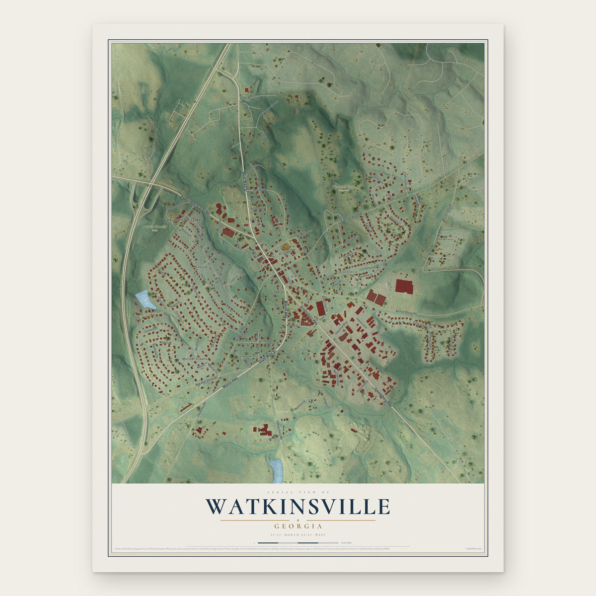 Watkinsville, Georgia map print, the full design