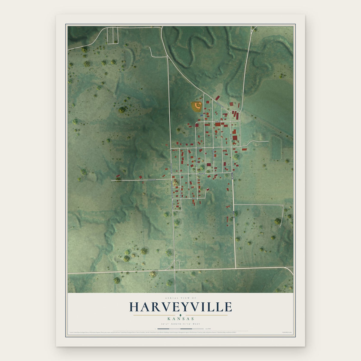 Harveyville, Kansas map print, the full design