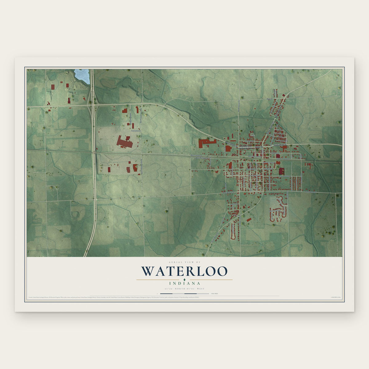 Waterloo, Indiana map print, the full design