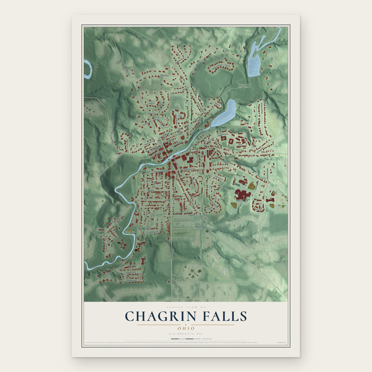 Chagrin Falls, Ohio map print, the full design