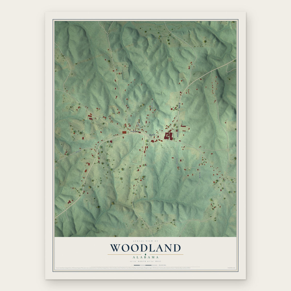 Woodland, Alabama map print, the full design