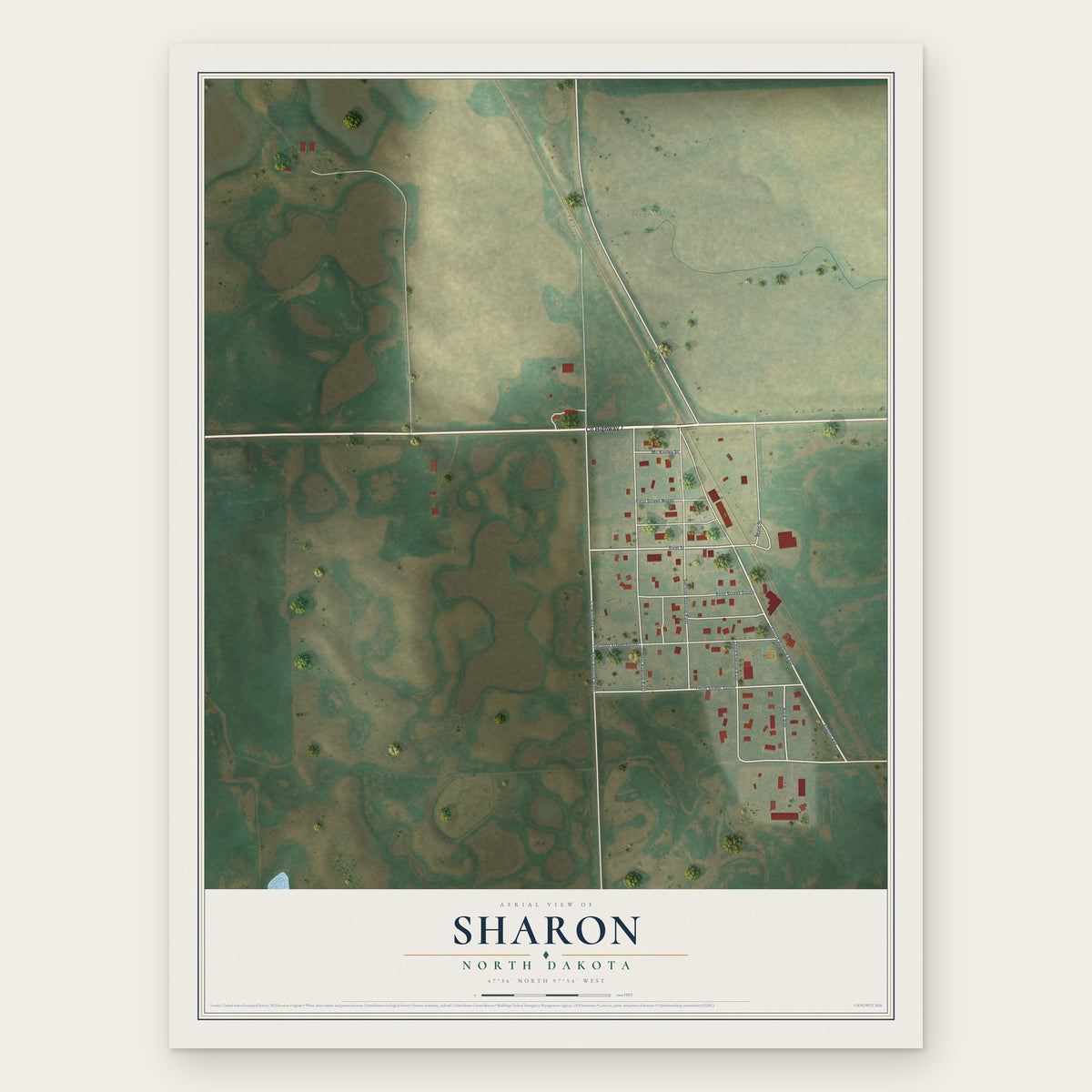 Sharon, North Dakota map print, the full design