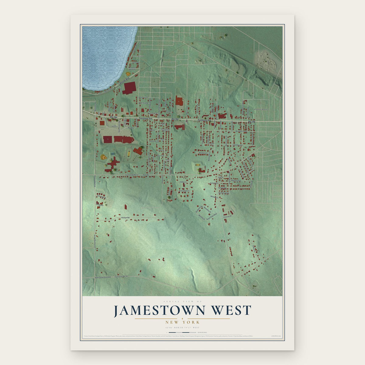 Jamestown West, New York map print, the full design