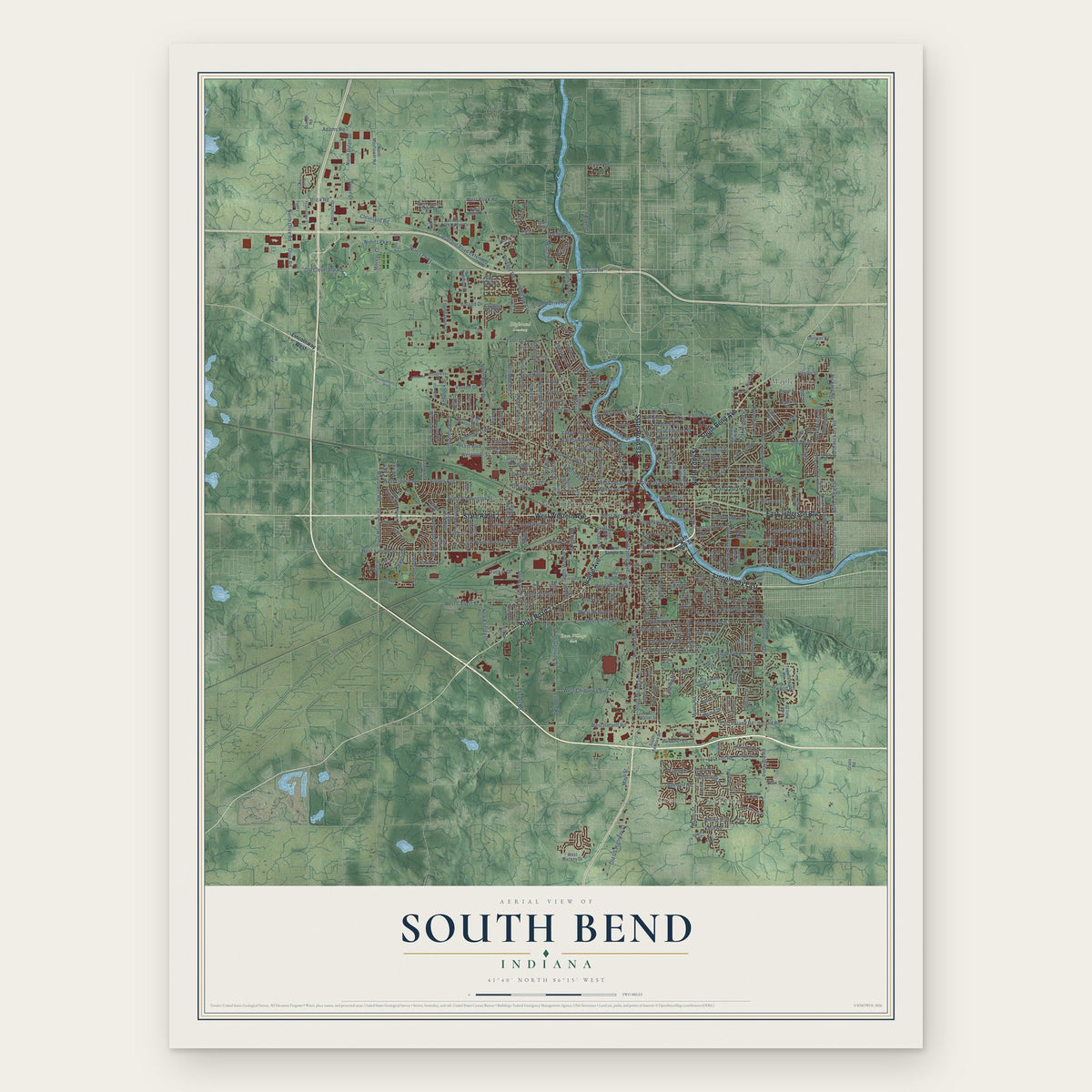 South Bend, Indiana map print, the full design