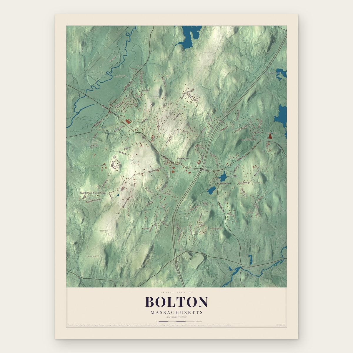 Bolton, Massachusetts map print, the full design