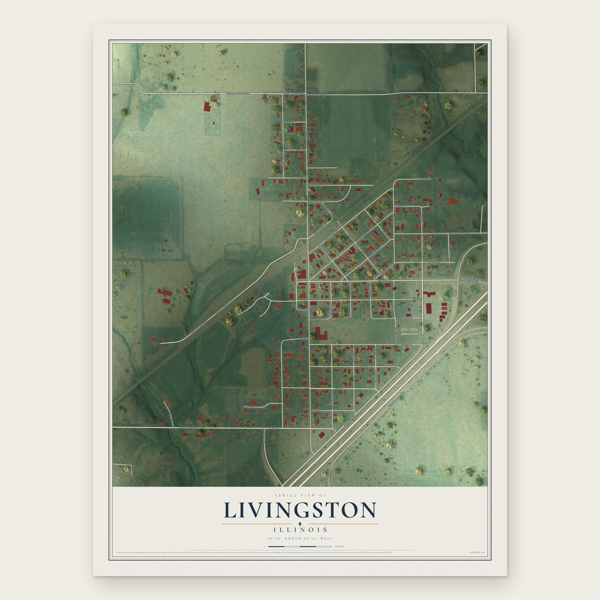 Livingston, Illinois map print, the full design