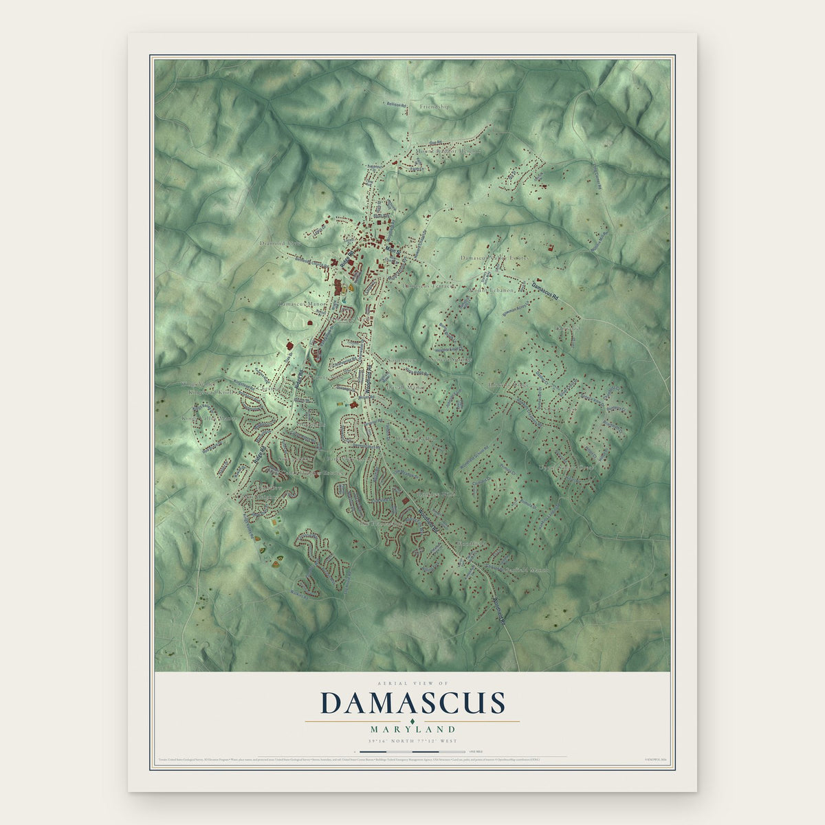 Damascus, Maryland map print, the full design