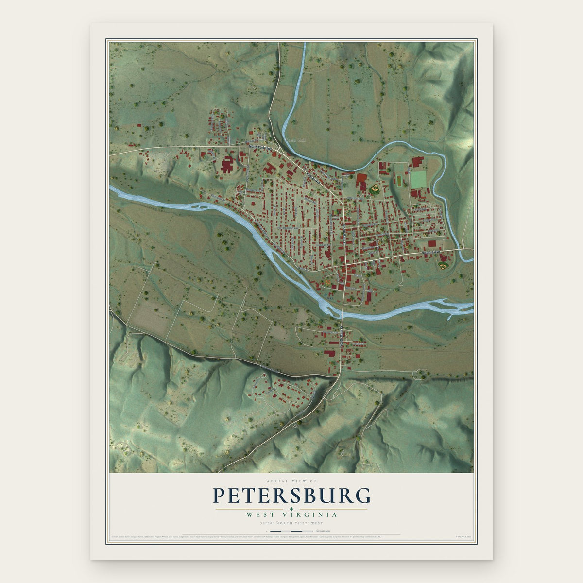 Petersburg, West Virginia map print, the full design