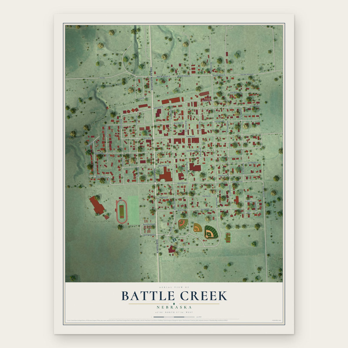 Battle Creek, Nebraska map print, the full design