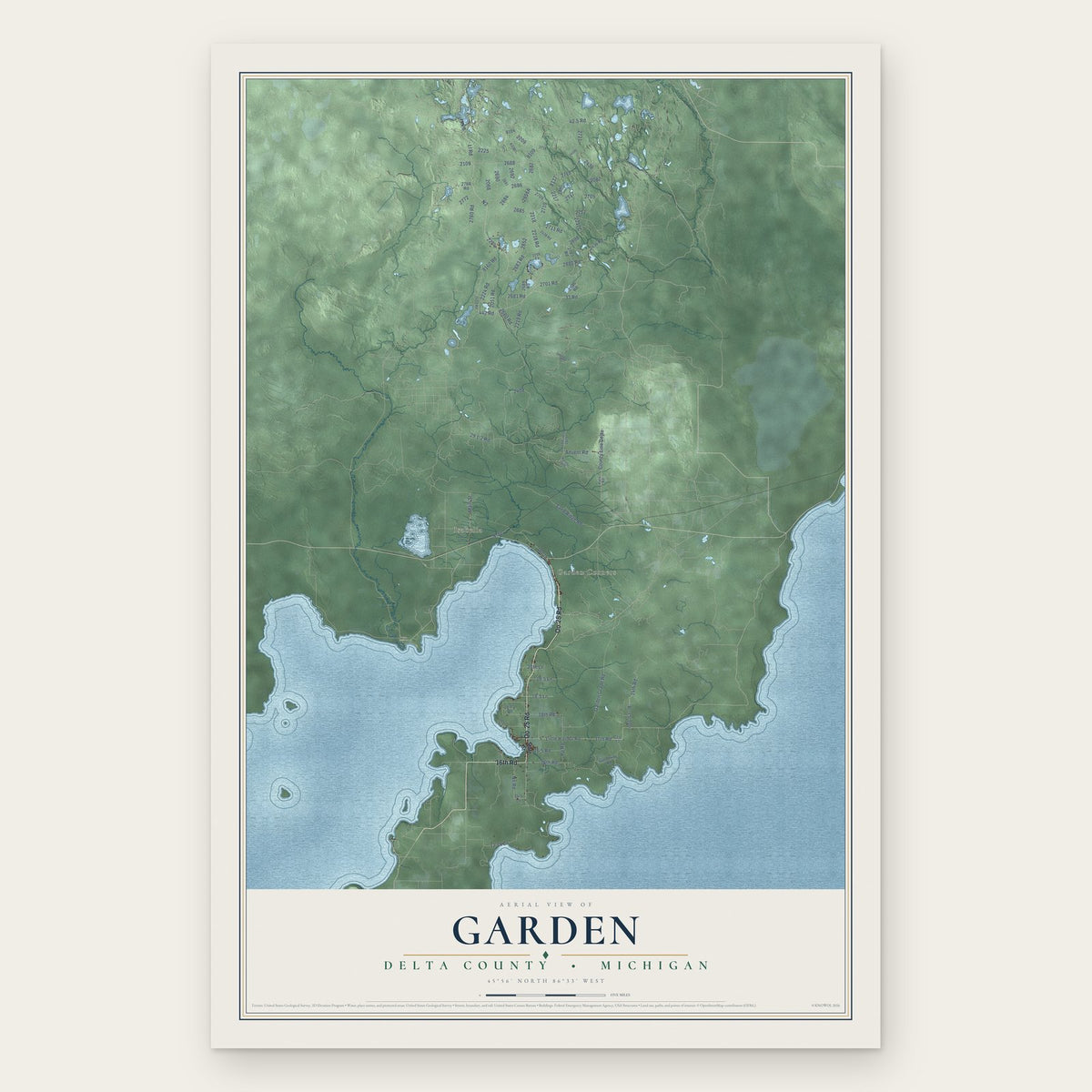 Garden, Delta County, Michigan map print, the full design