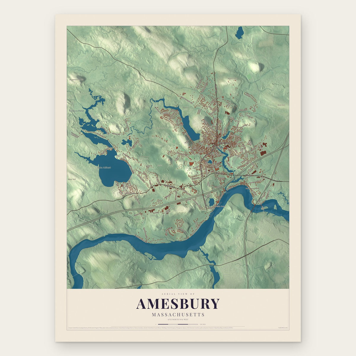 Amesbury, Massachusetts map print, the full design