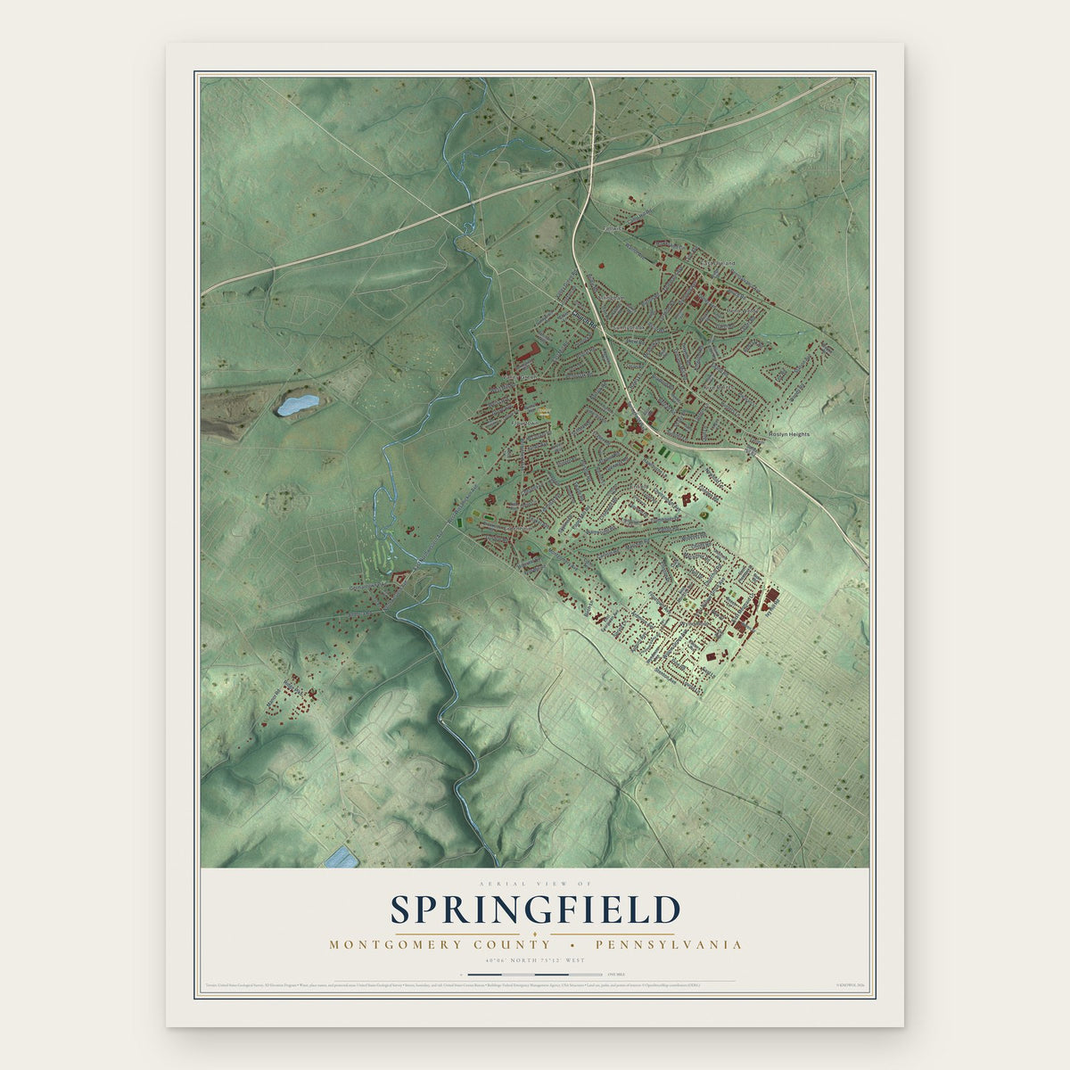Springfield, Montgomery County, Pennsylvania map print, the full design