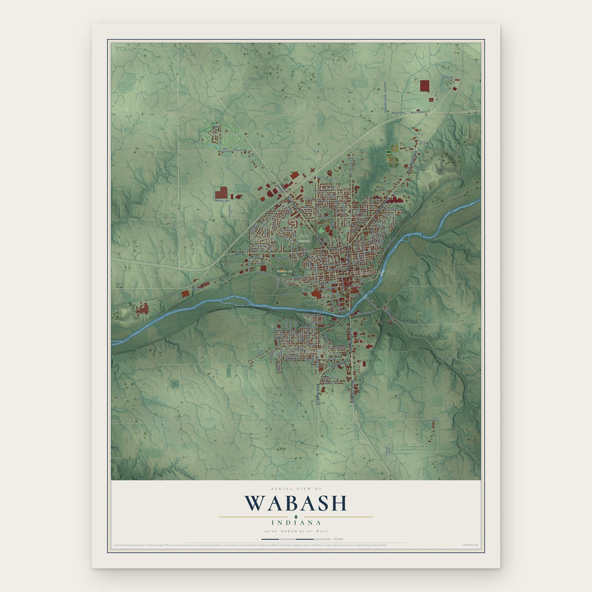 Wabash, Indiana map print, the full design