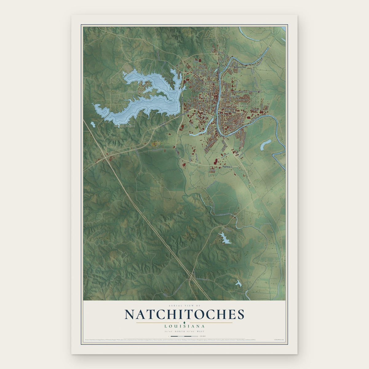 Natchitoches, Louisiana map print, the full design