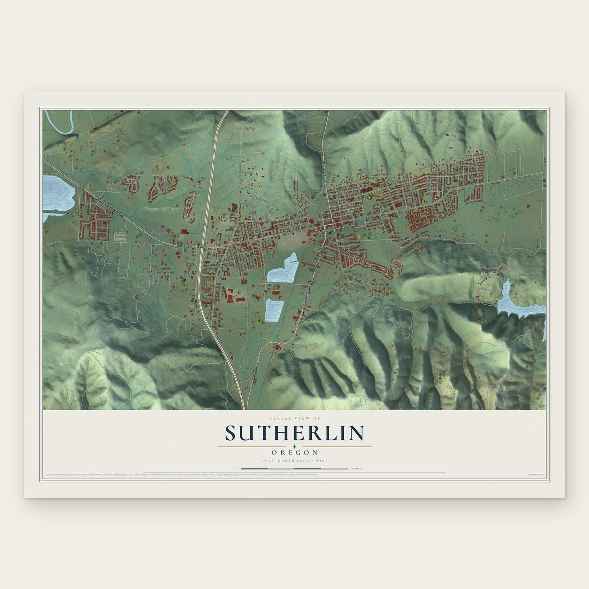 Sutherlin, Oregon map print, the full design
