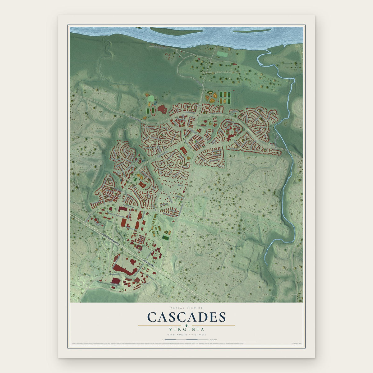 Cascades, Virginia map print, the full design