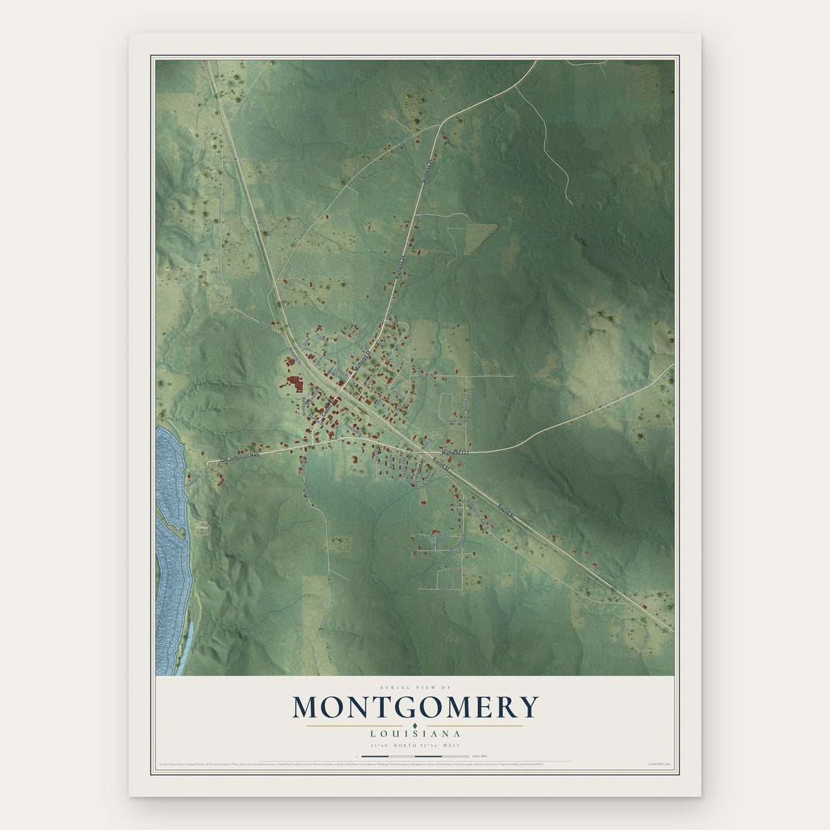 Montgomery, Louisiana map print, the full design
