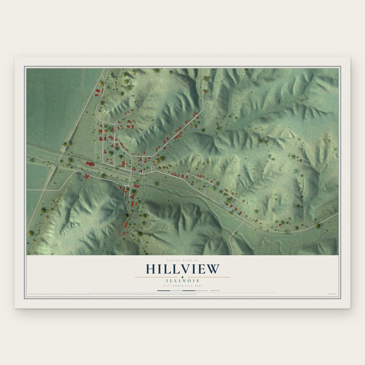 Hillview, Illinois map print, the full design
