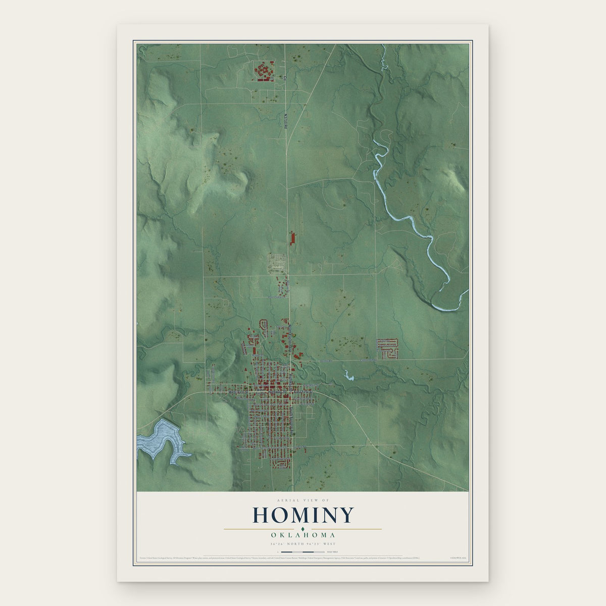 Hominy, Oklahoma map print, the full design