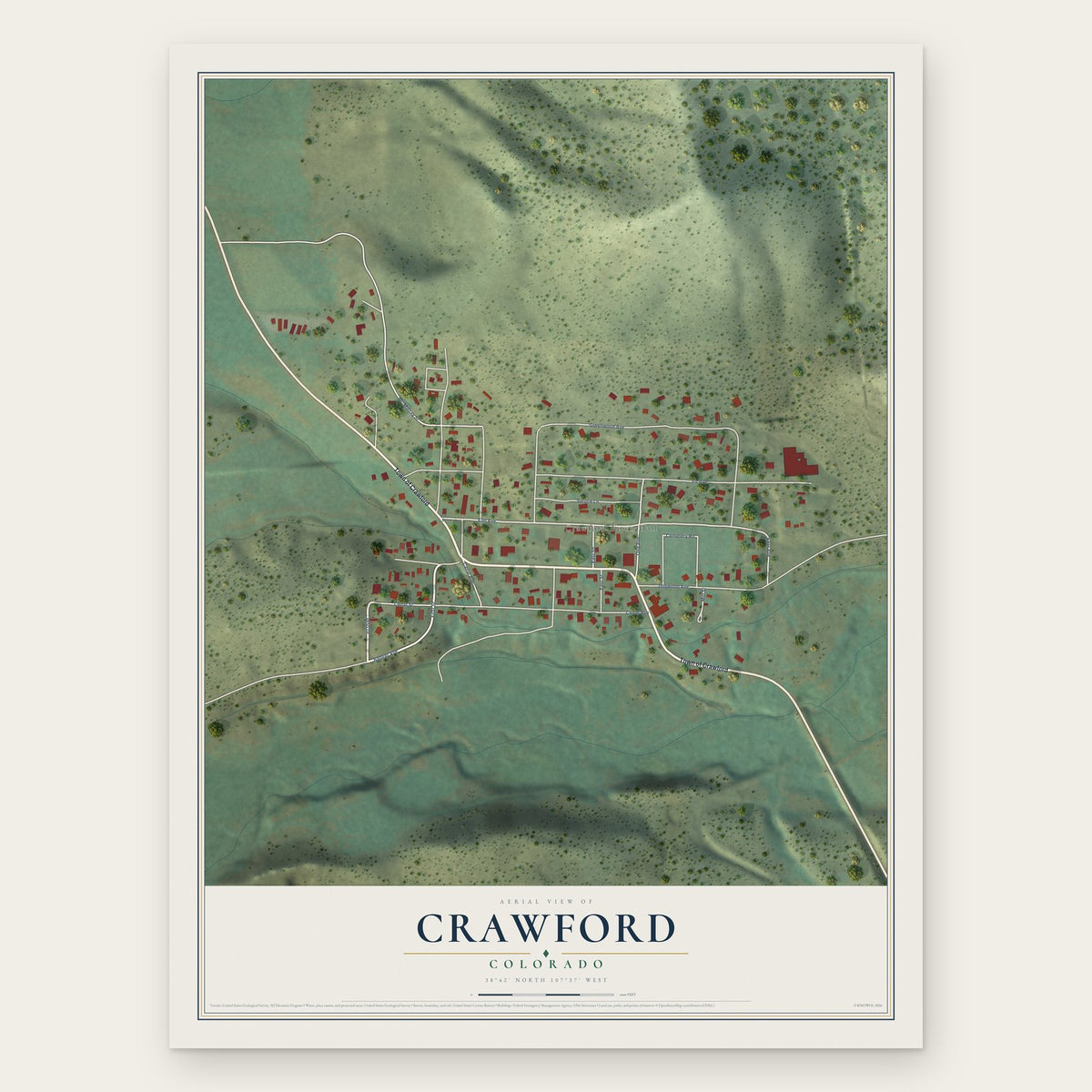 Crawford, Colorado map print, the full design