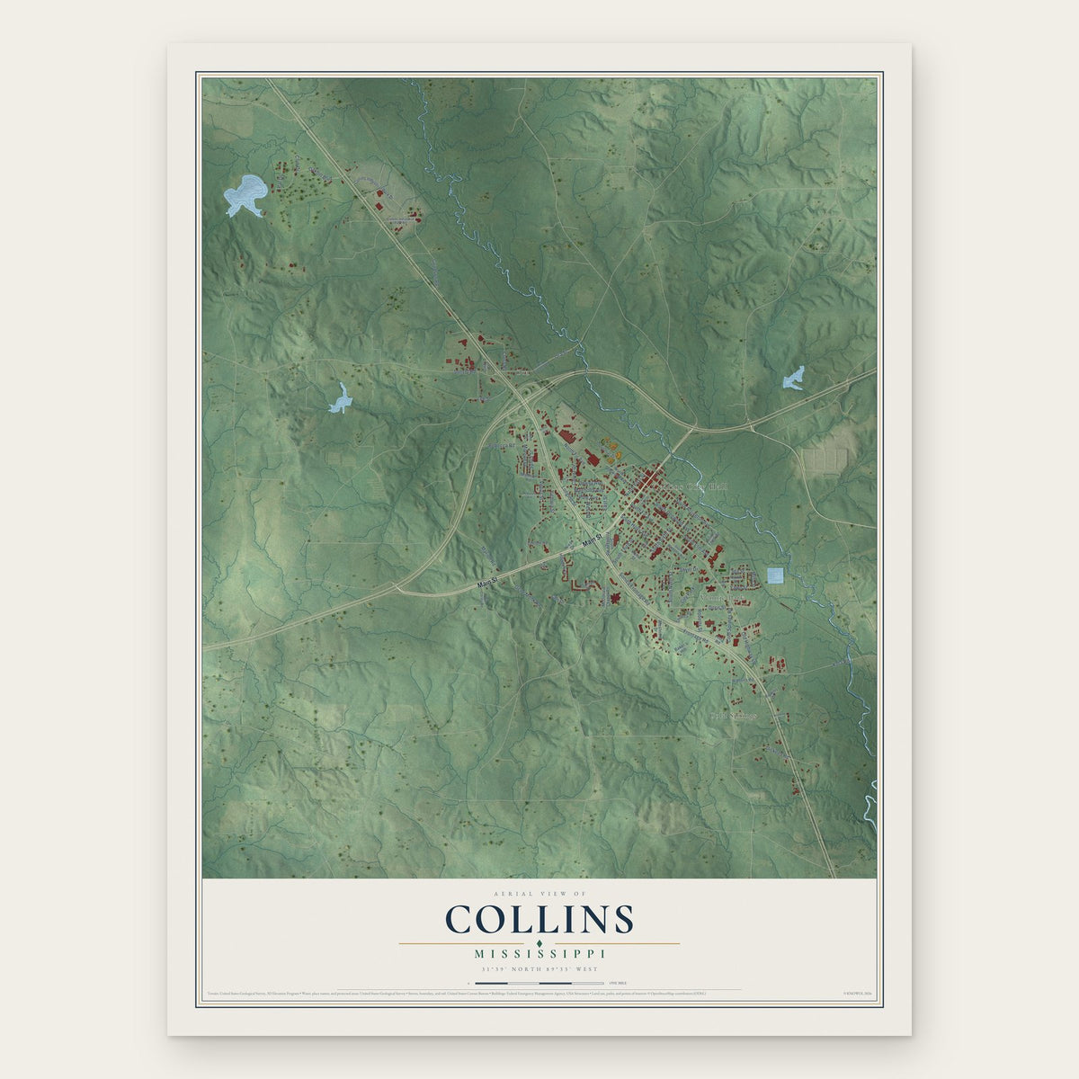 Collins, Mississippi map print, the full design
