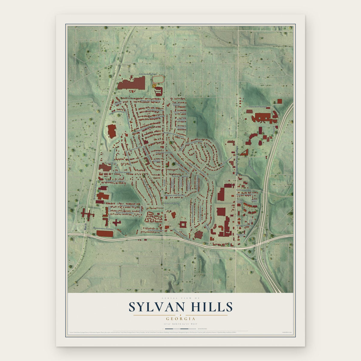Sylvan Hills, Georgia map print, the full design