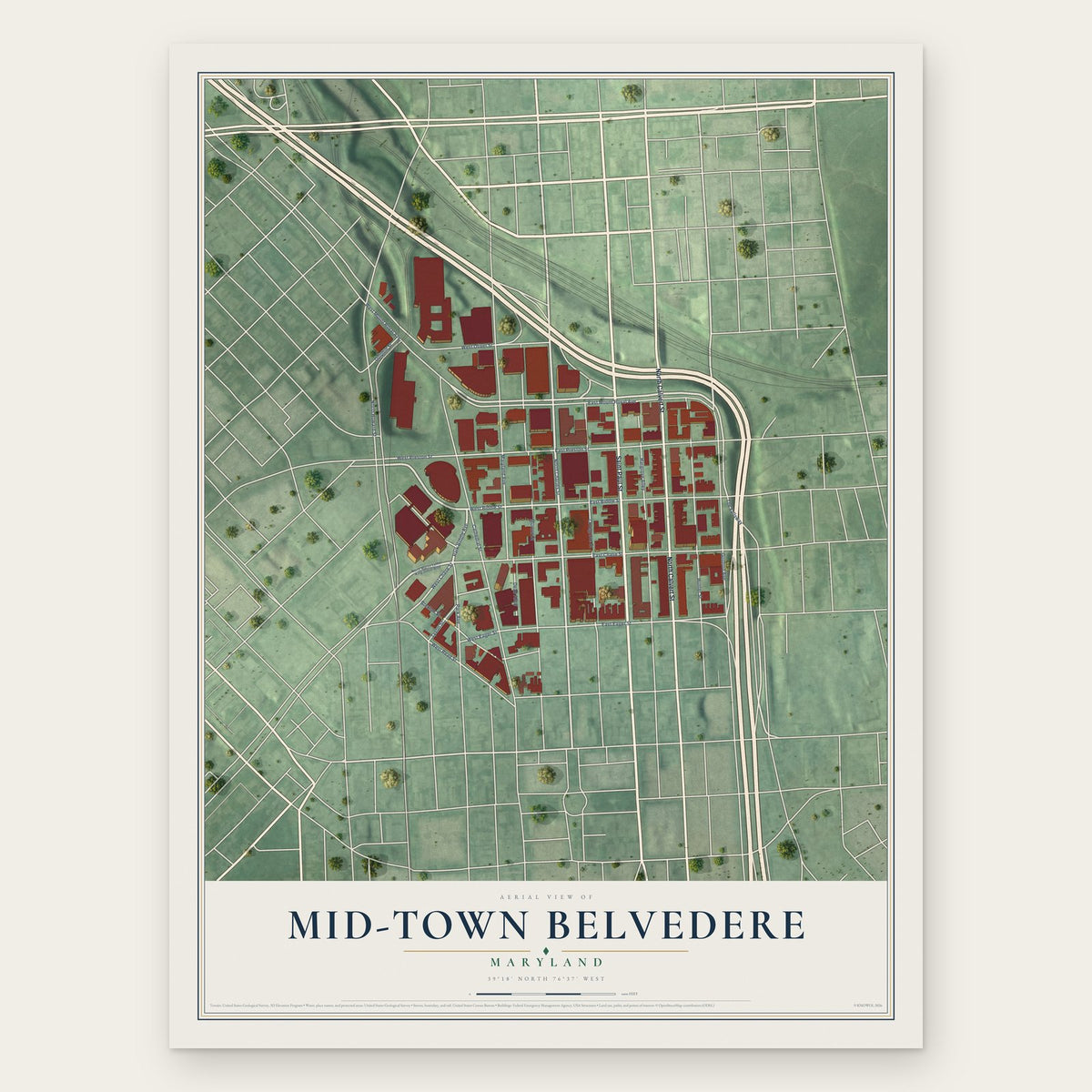 Mid-Town Belvedere, Maryland map print, the full design