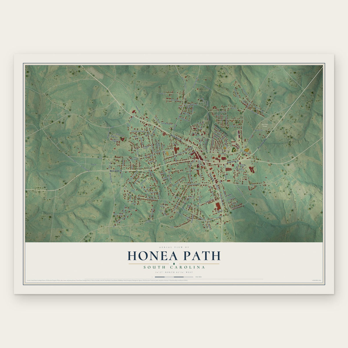 Honea Path, South Carolina map print, the full design