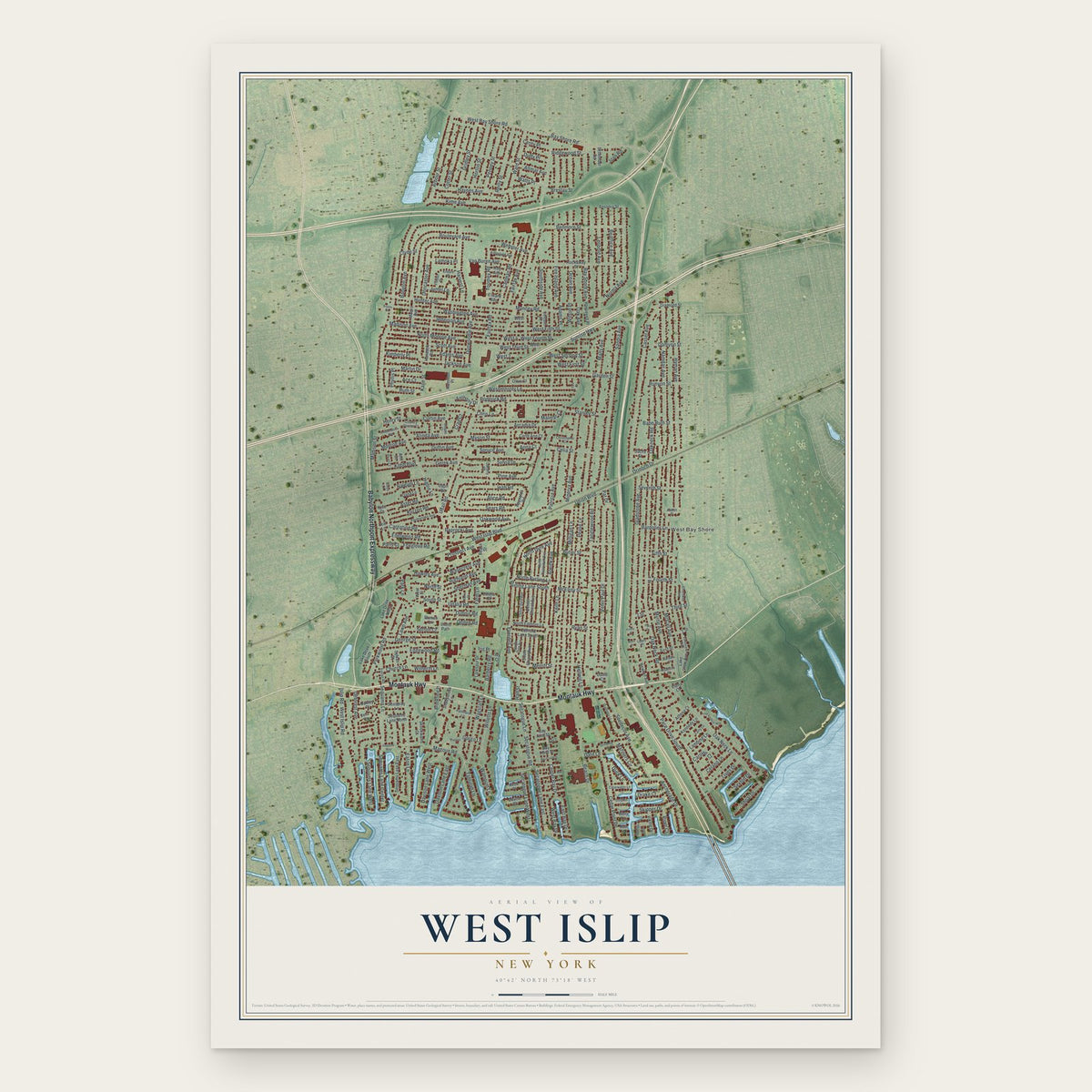 West Islip, New York map print, the full design