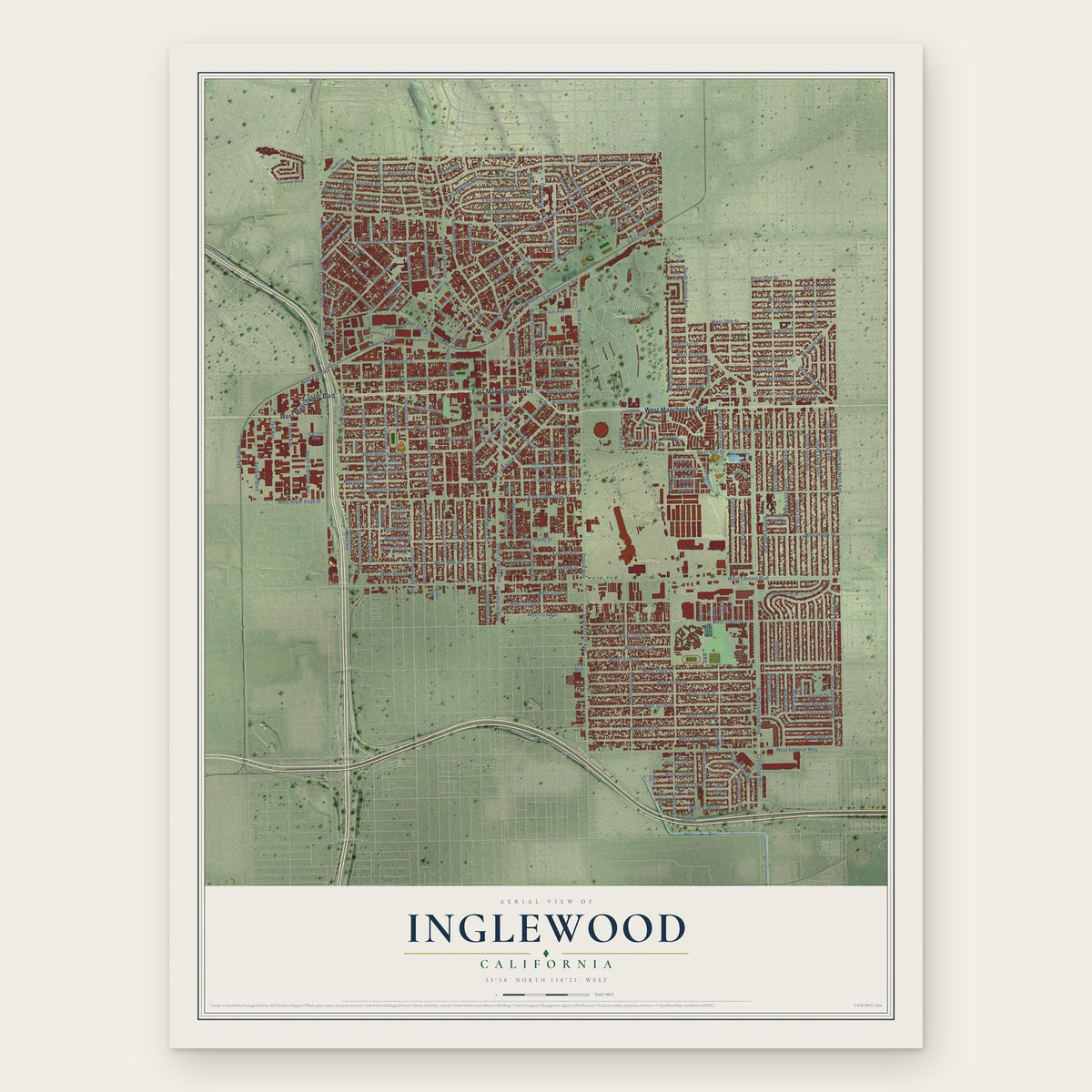 Inglewood, California map print, the full design