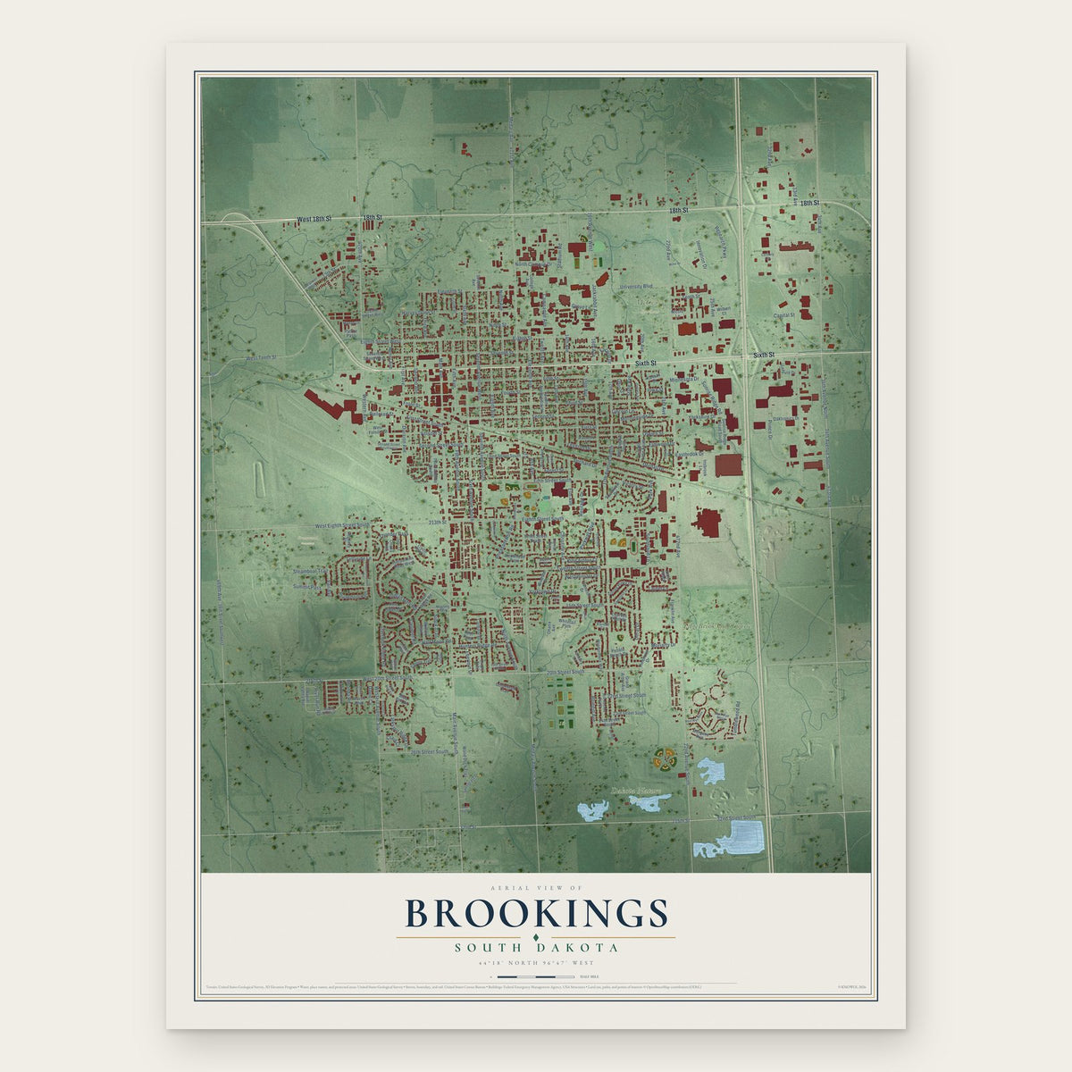 Brookings, South Dakota map print, the full design