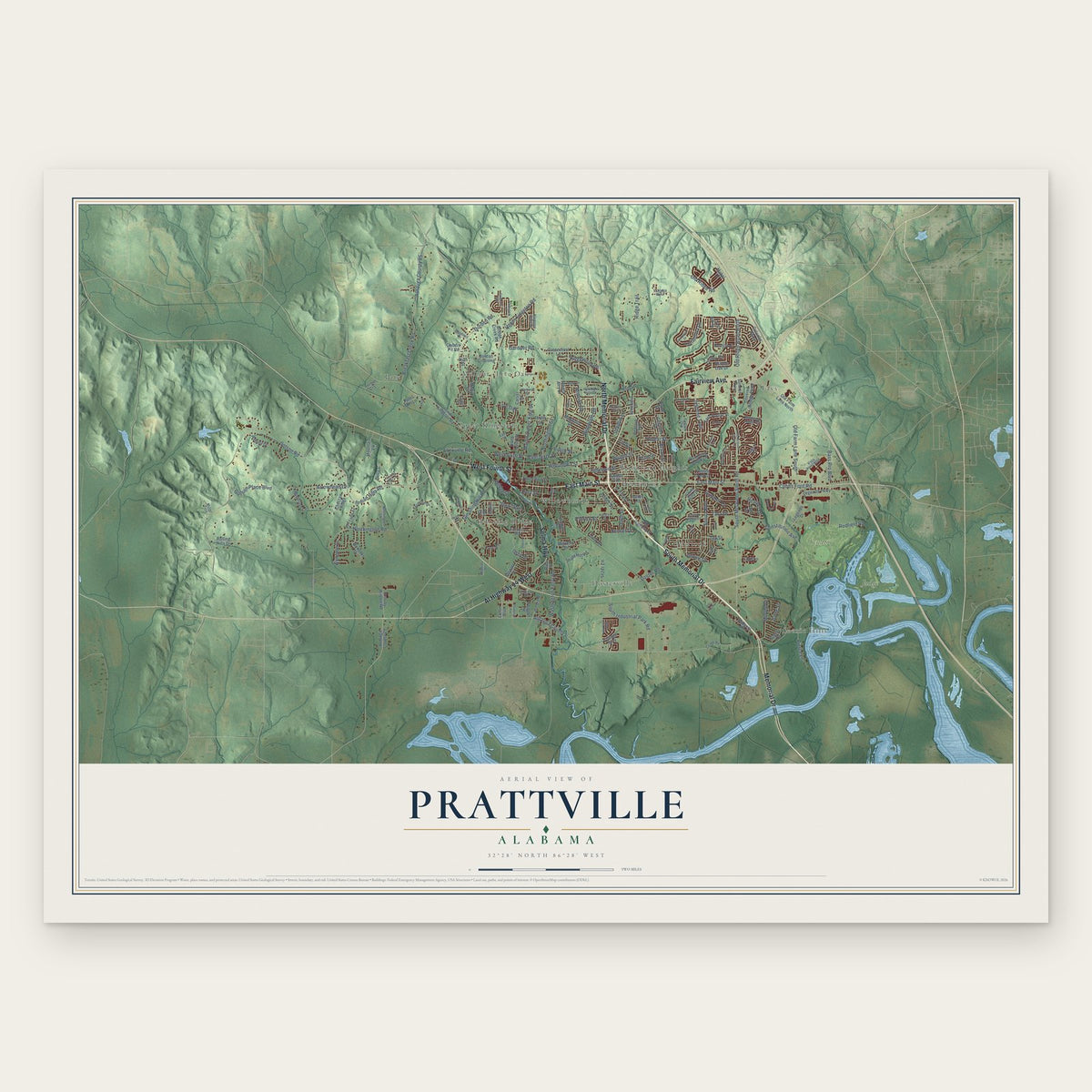 Prattville, Alabama map print, the full design