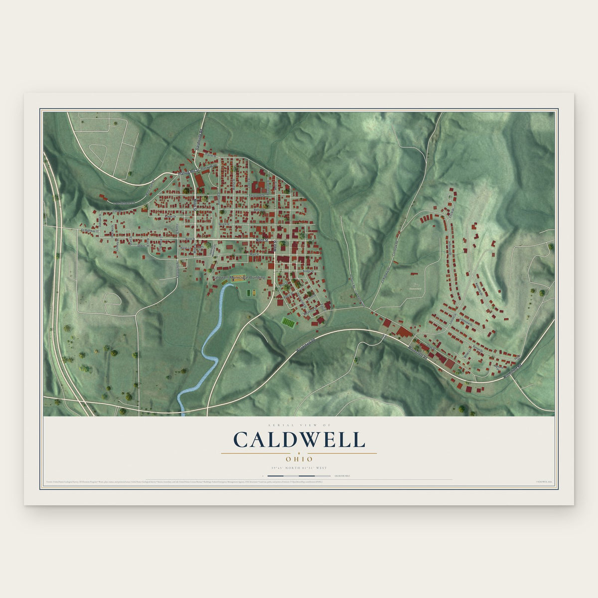 Caldwell, Ohio map print, the full design