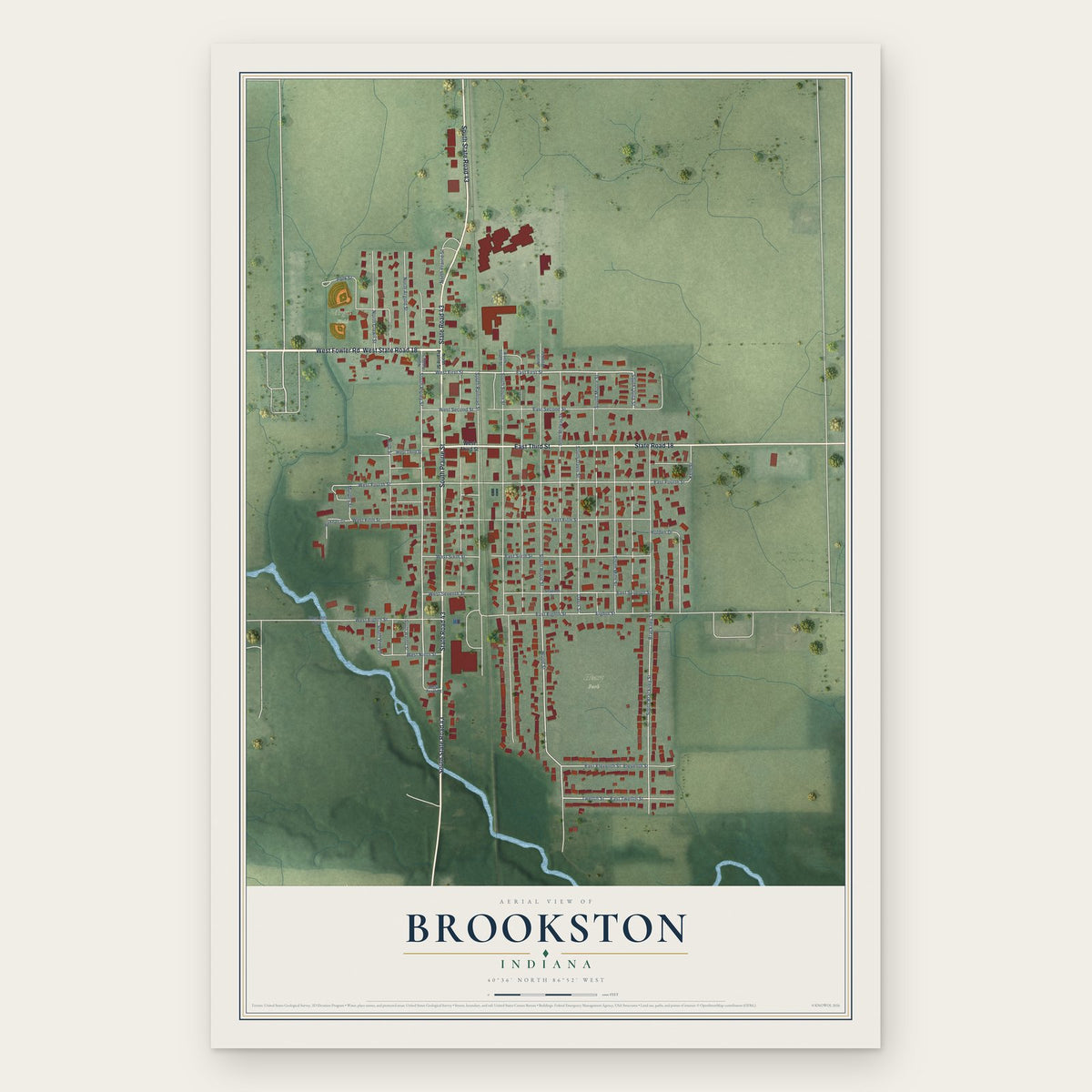 Brookston, Indiana map print, the full design