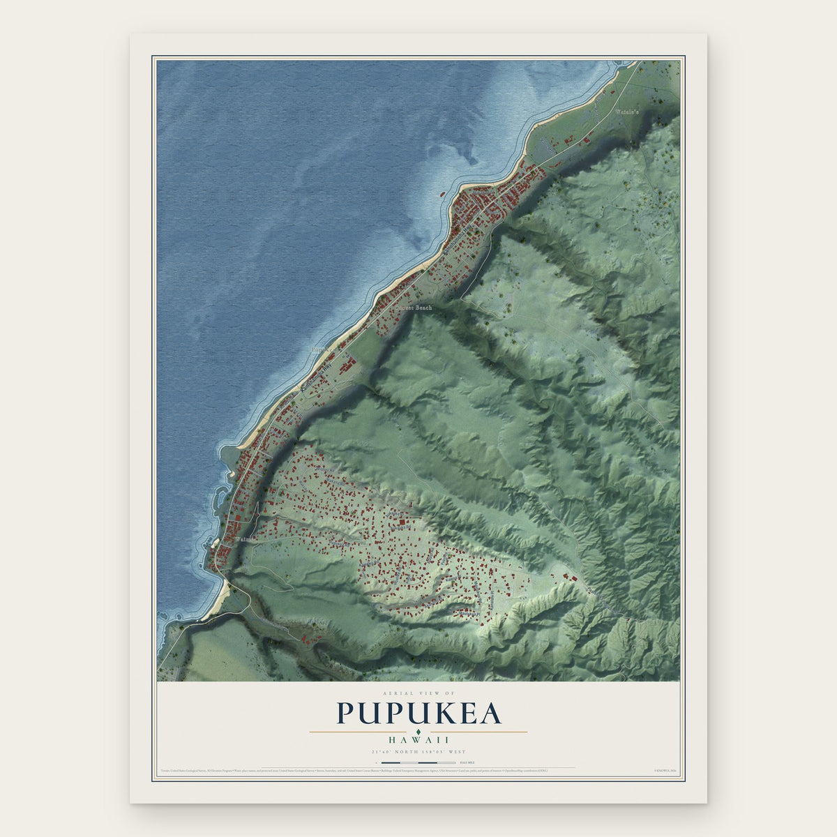 Pupukea, Hawaii map print, the full design