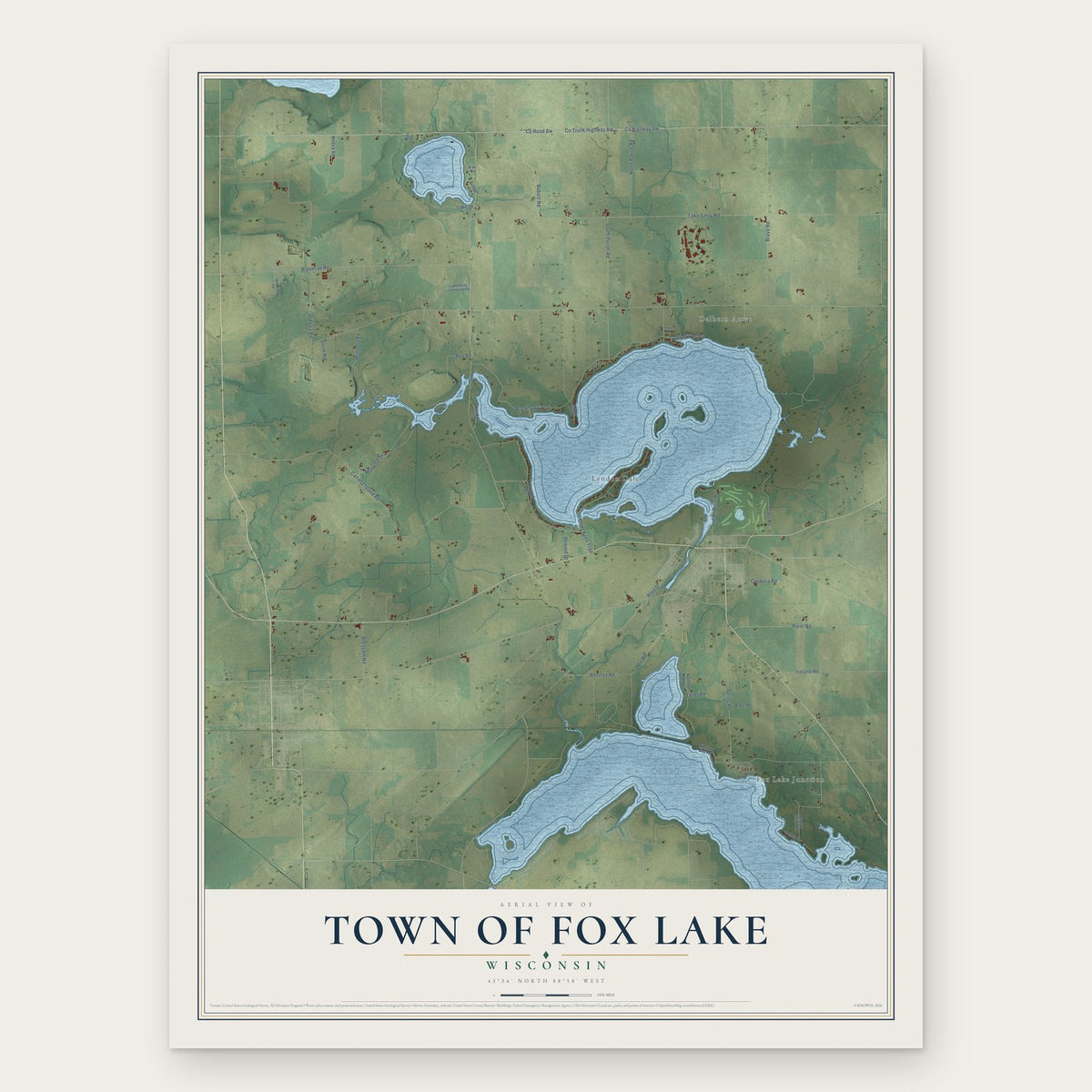 Town of Fox Lake, Wisconsin map print, the full design