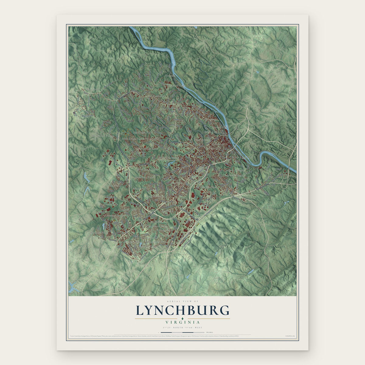 Lynchburg, Virginia map print, the full design