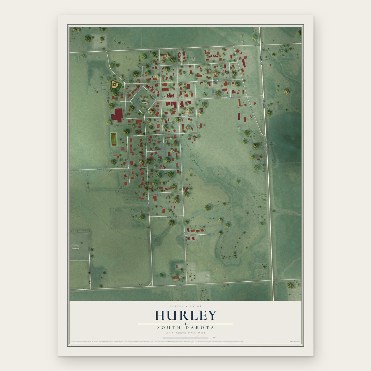 Hurley, South Dakota map print, the full design