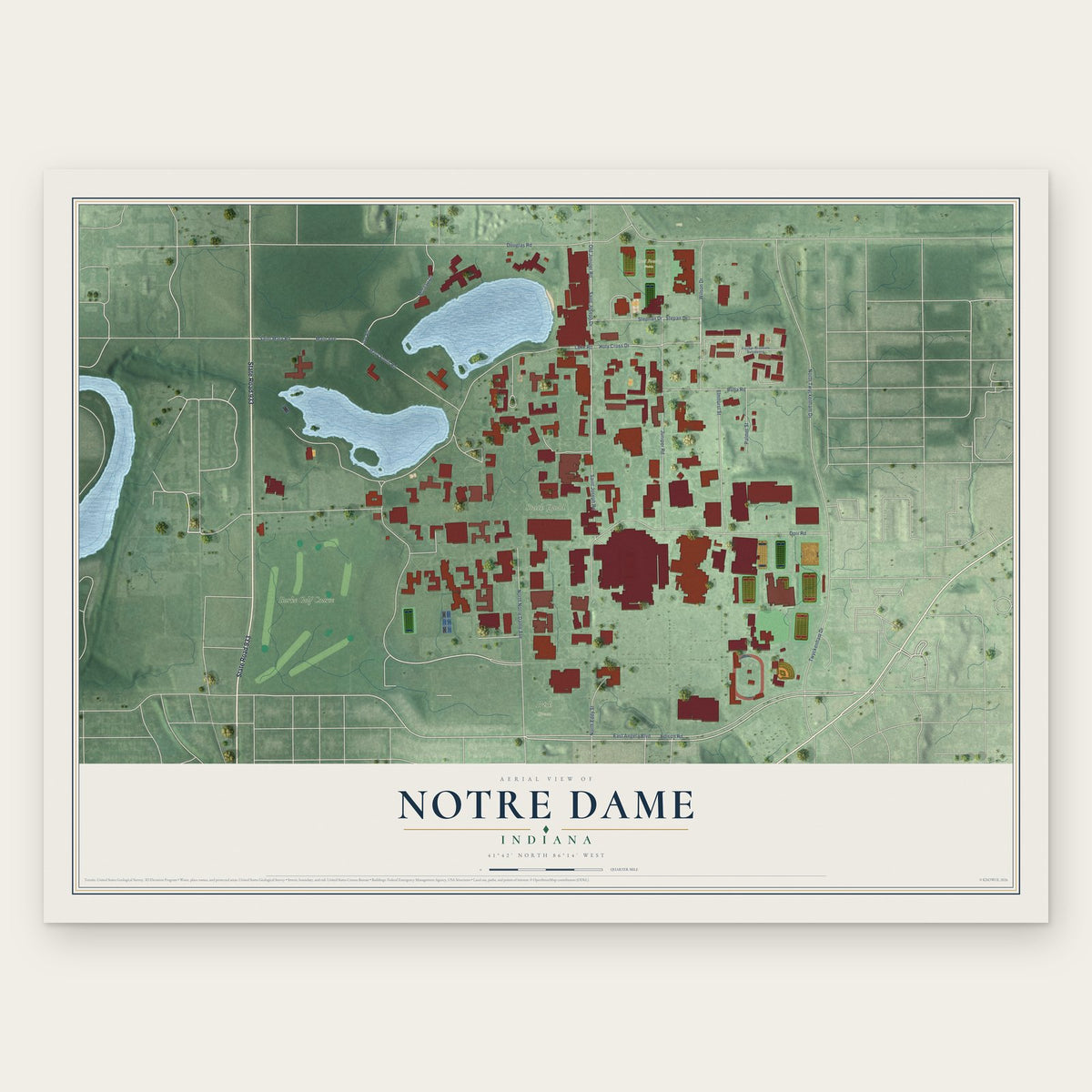 Notre Dame, Indiana map print, the full design
