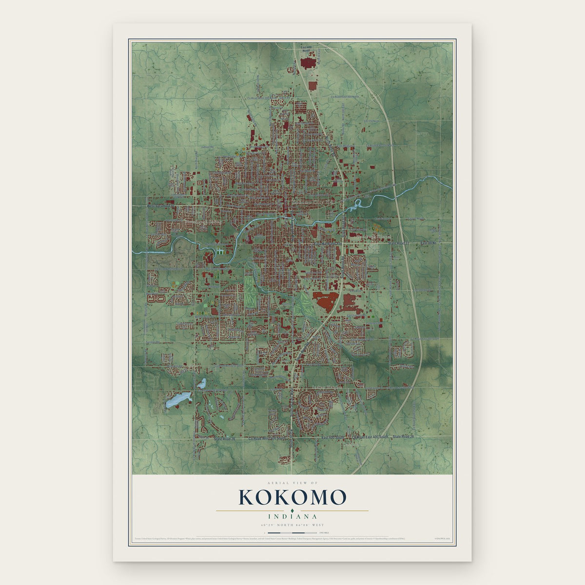 Kokomo, Indiana map print, the full design